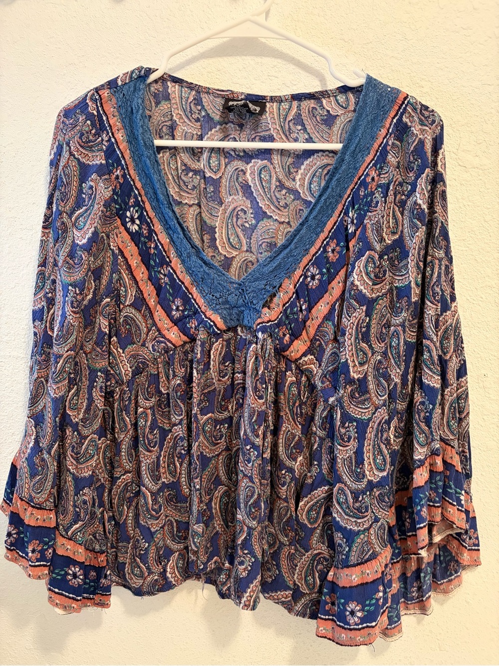 Angie Blue Paisley V-Neck Peasant Tunic with Coral Trim
